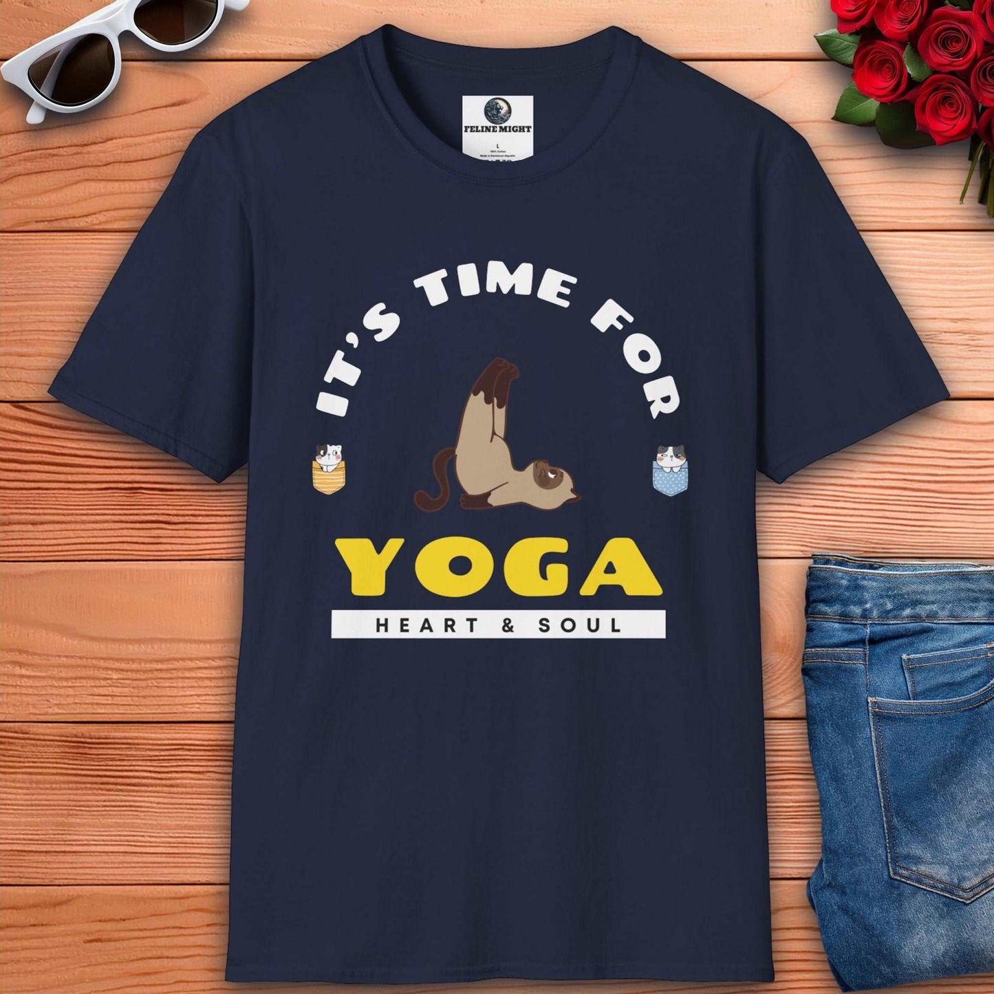 Cute yoga-themed navy blue t-shirt featuring a playful cat illustration