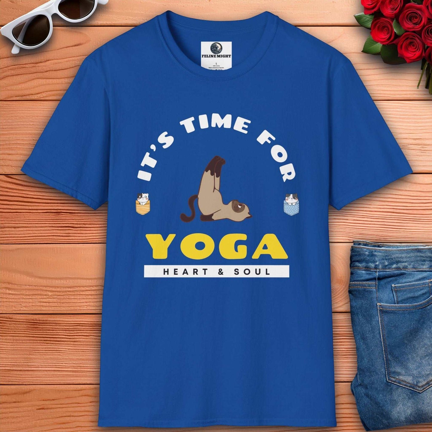 Cute yoga-themed royal blue t-shirt featuring a playful cat illustration