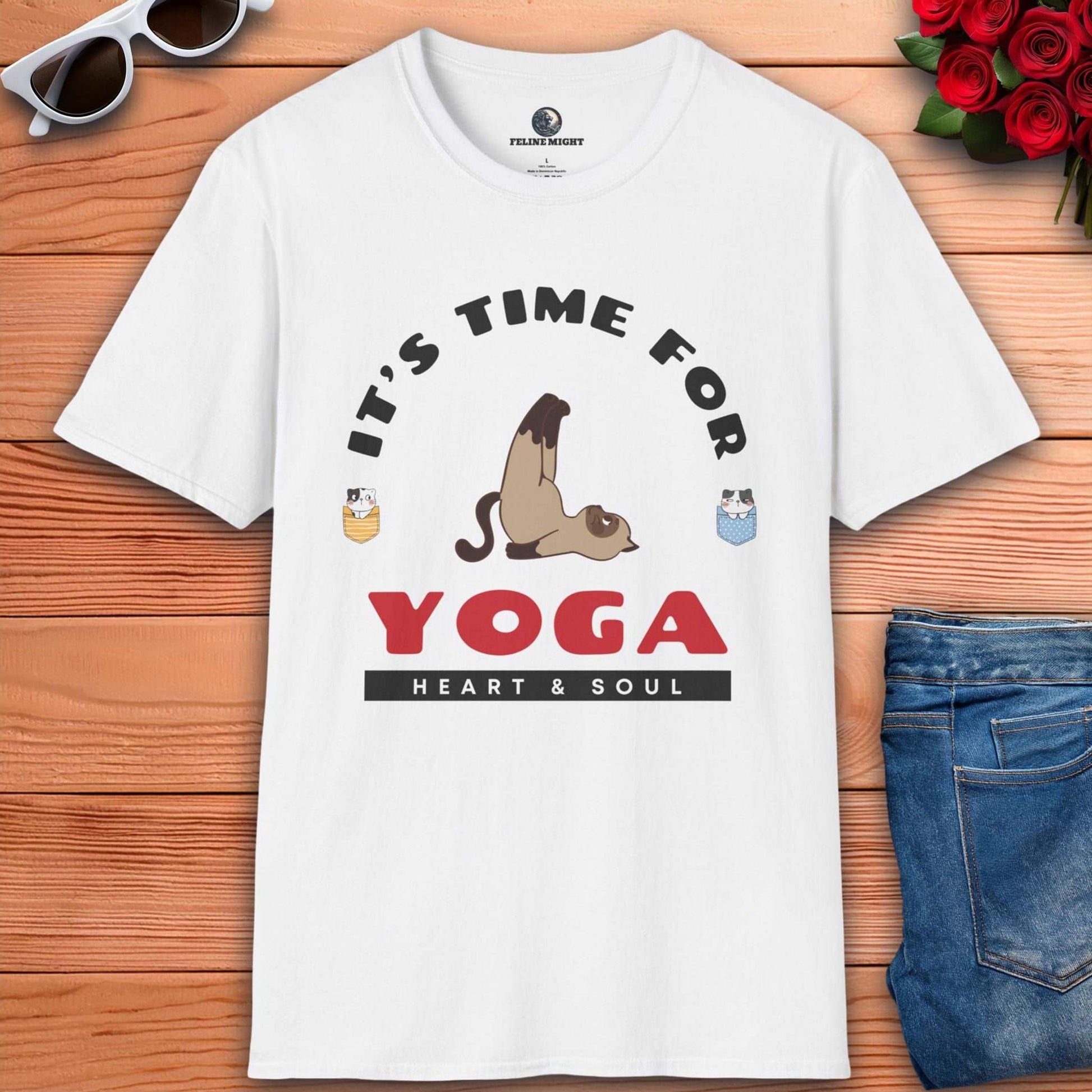 Cute yoga-themed white t-shirt featuring a playful cat illustration