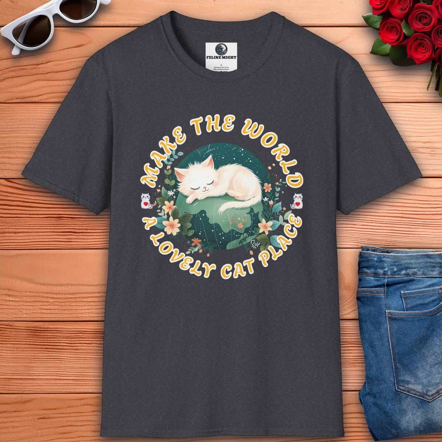 Dark heather grey t-shirt with a sleeping white cat design and the text 'Make the World a Lovely Cat Place'