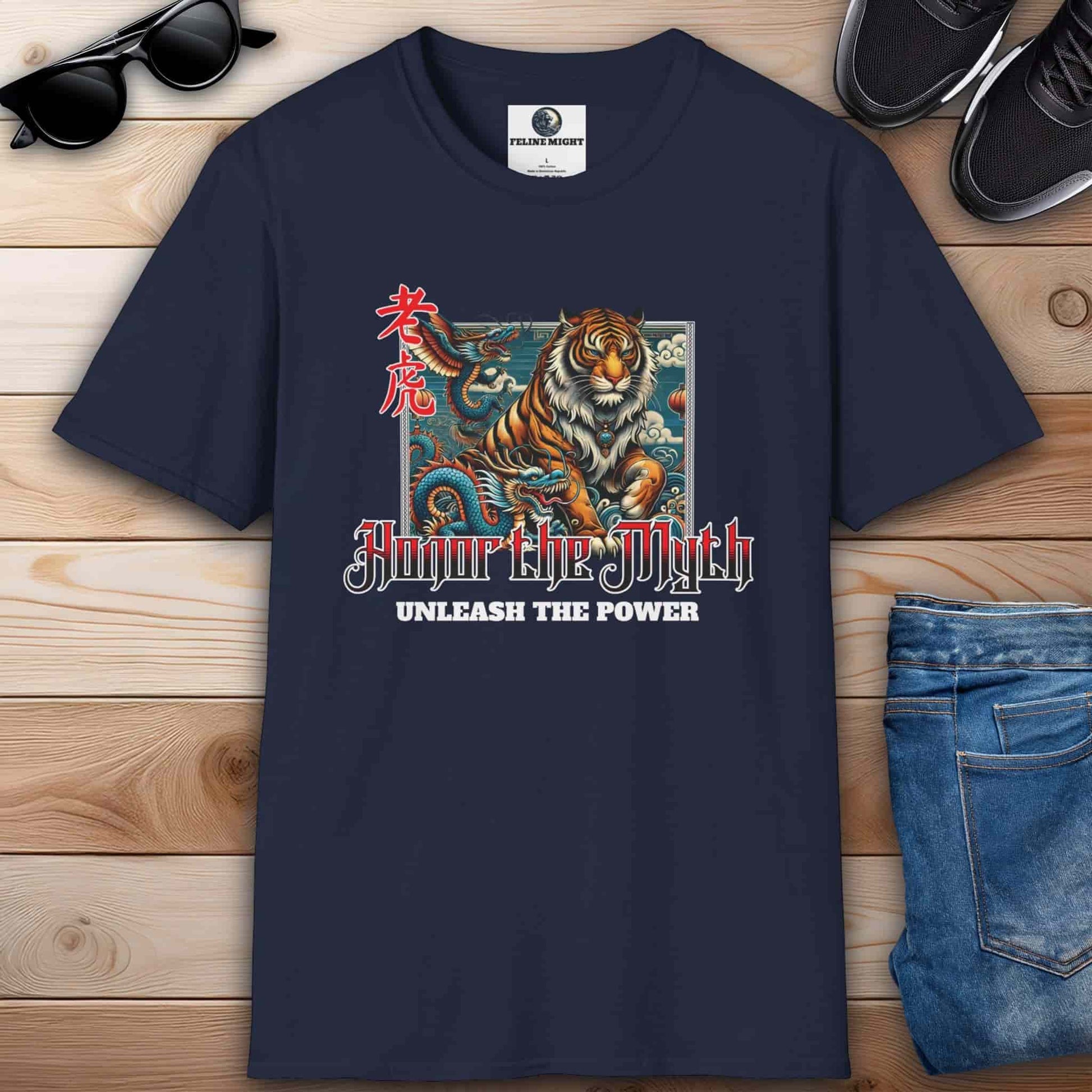 Navy blue t-shirt featuring a tiger graphic and the phrase 'Honor the Myth - Unleash the Power'