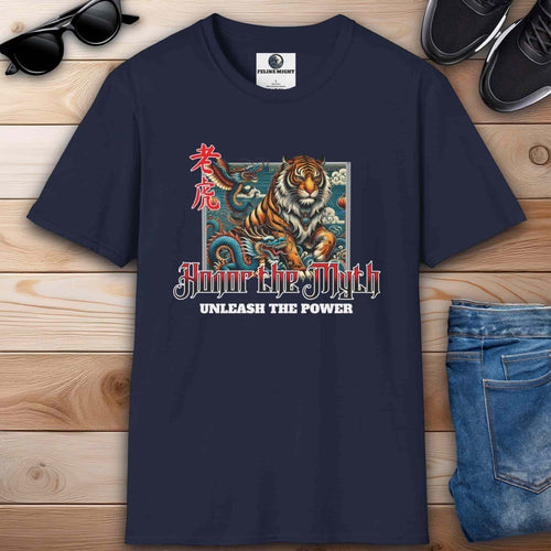 Navy blue "Honor the Myth" Tiger T-Shirt featuring a tiger graphic and the phrase 'Honor the Myth - Unleash the Power'