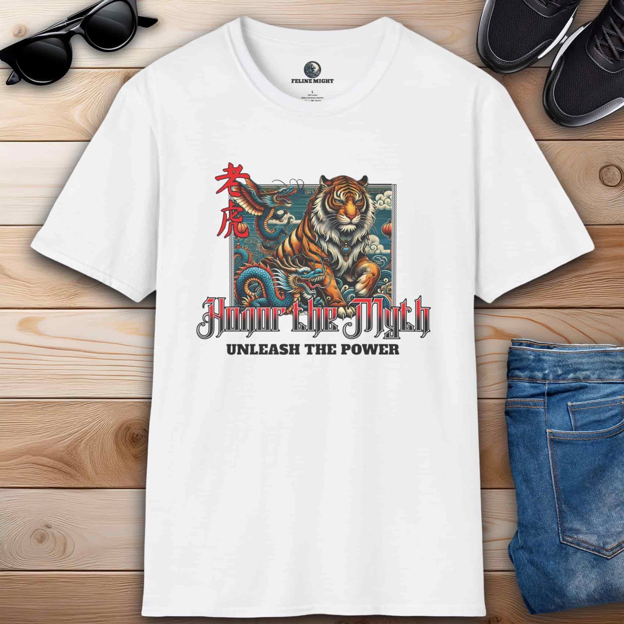 White "Honor the Myth" Tiger T-Shirt featuring a tiger graphic and the phrase 'Honor the Myth - Unleash the Power'