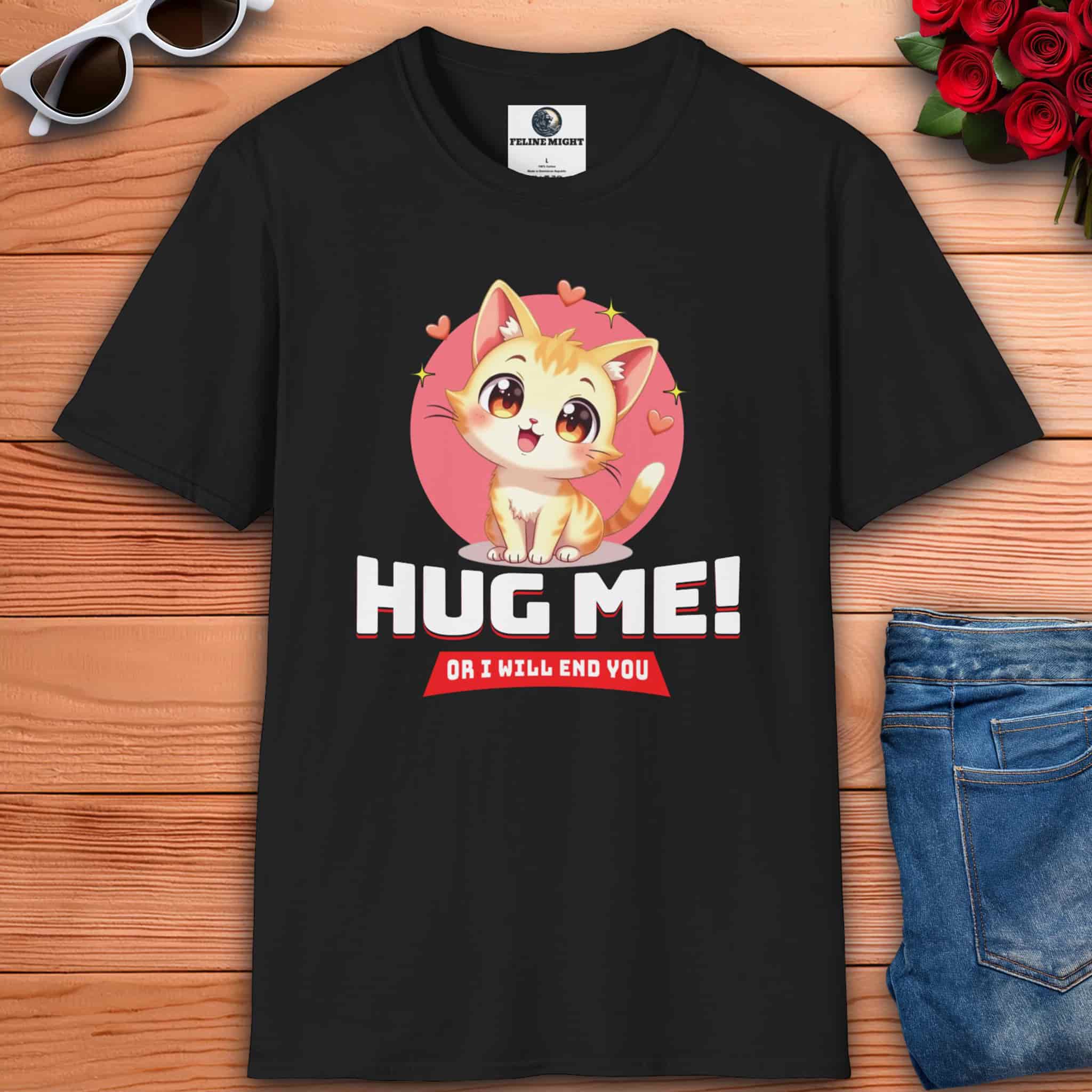 Black t-shirt with a cartoon cat and text: "Hug Me! Or I will end you." Surrounded by hearts, laid on a wooden surface next to sunglasses, a red rose bouquet, and blue jeans.
