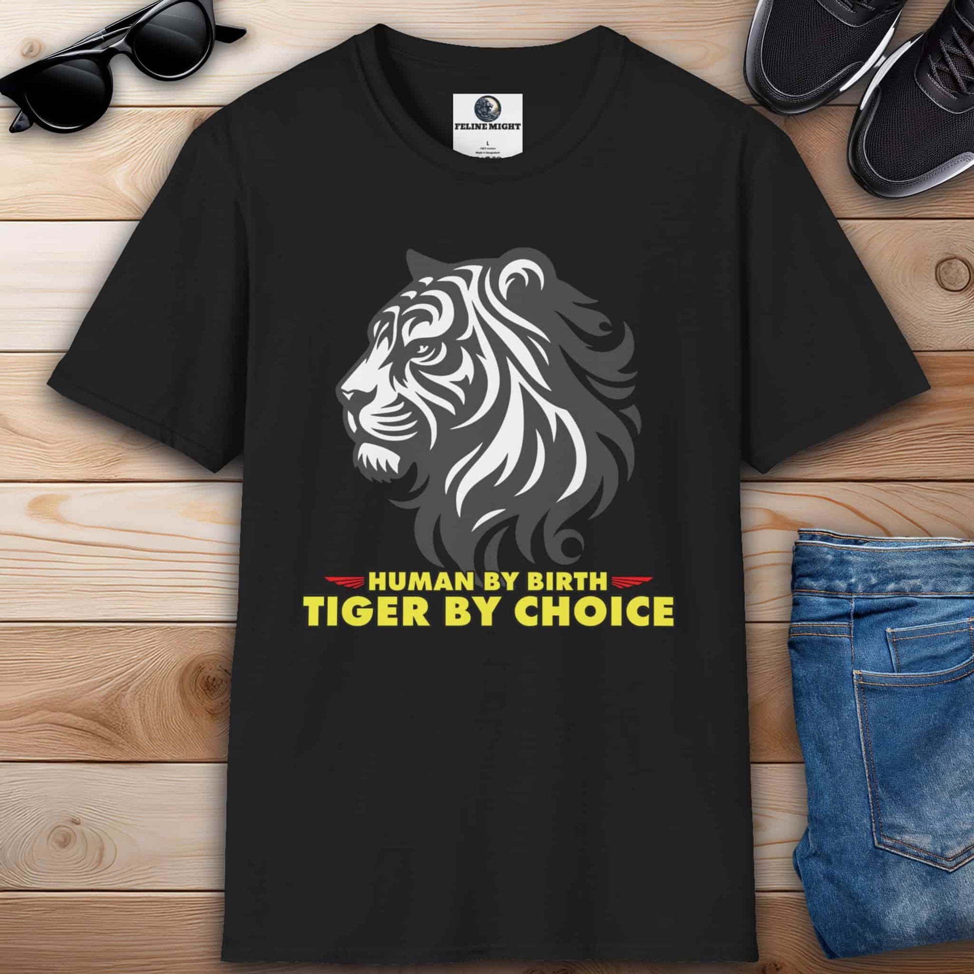 Human by Birth Tiger by Choice T-Shirt featuring a bold tiger graphic on a black tee.