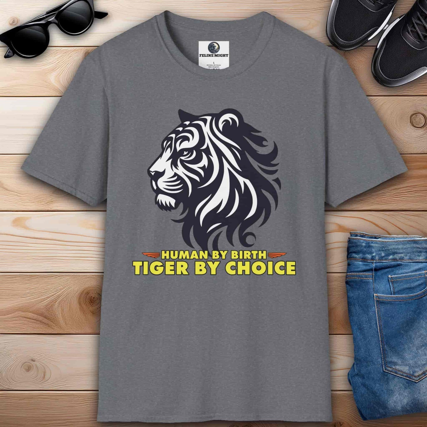 Human by Birth Tiger by Choice T-Shirt featuring a bold tiger graphic on a gray tee.