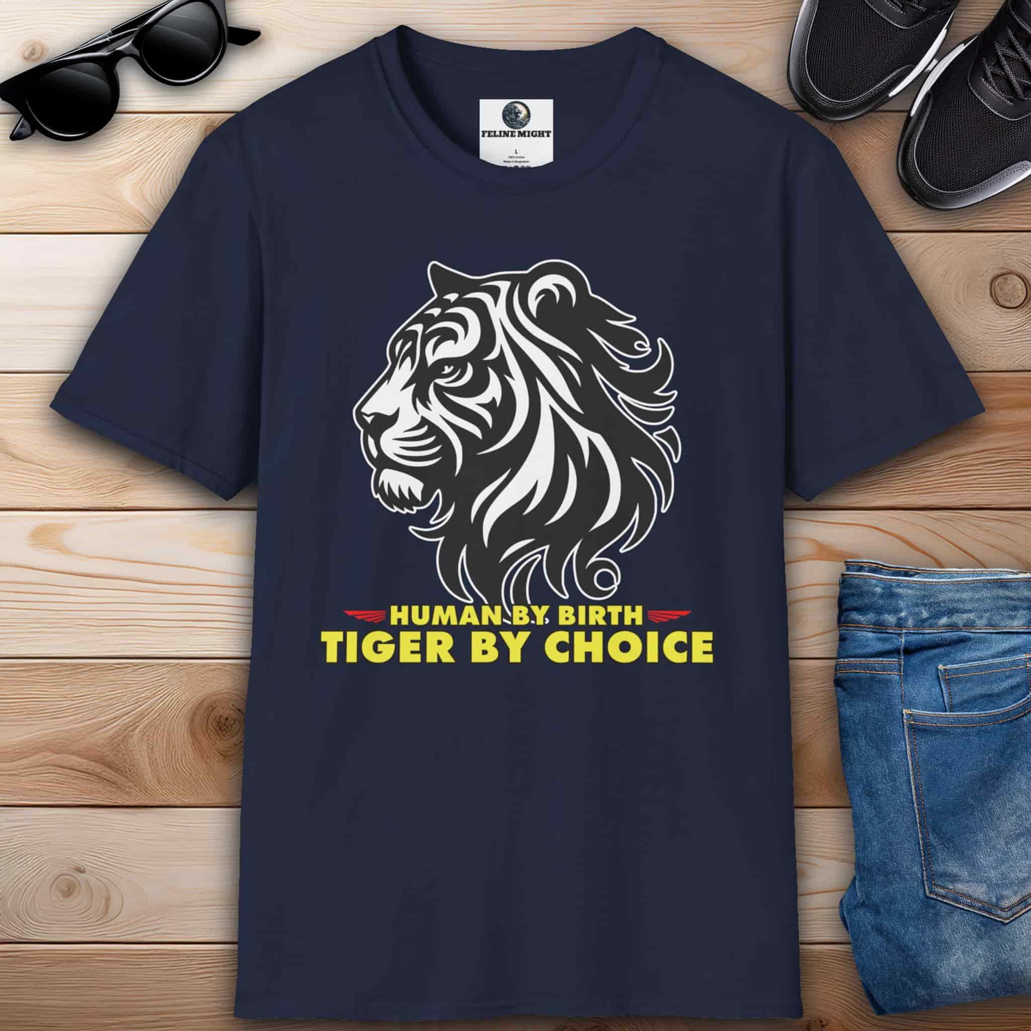 A navy blue "Human by Birth, Tiger by Choice" T-Shirt featuring bold tiger graphic and text 'Human by Birth, Tiger by Choice'.