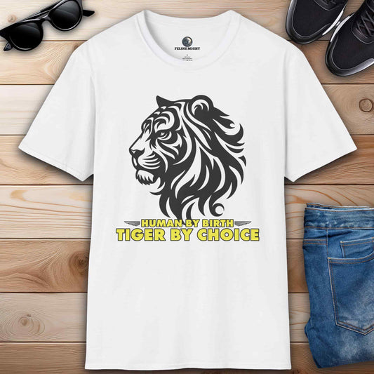 Human by Birth Tiger by Choice T-Shirt featuring a bold tiger graphic on a white tee.