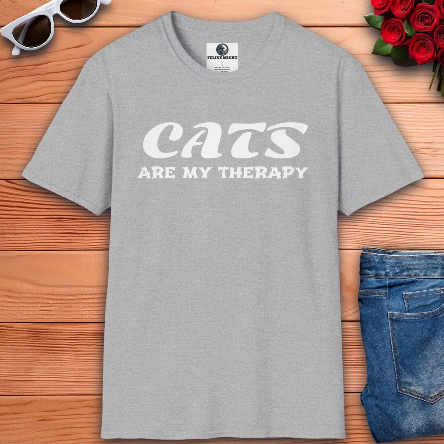 Stylish grey t-shirt for cat lovers featuring 'Cats Are My Therapy'