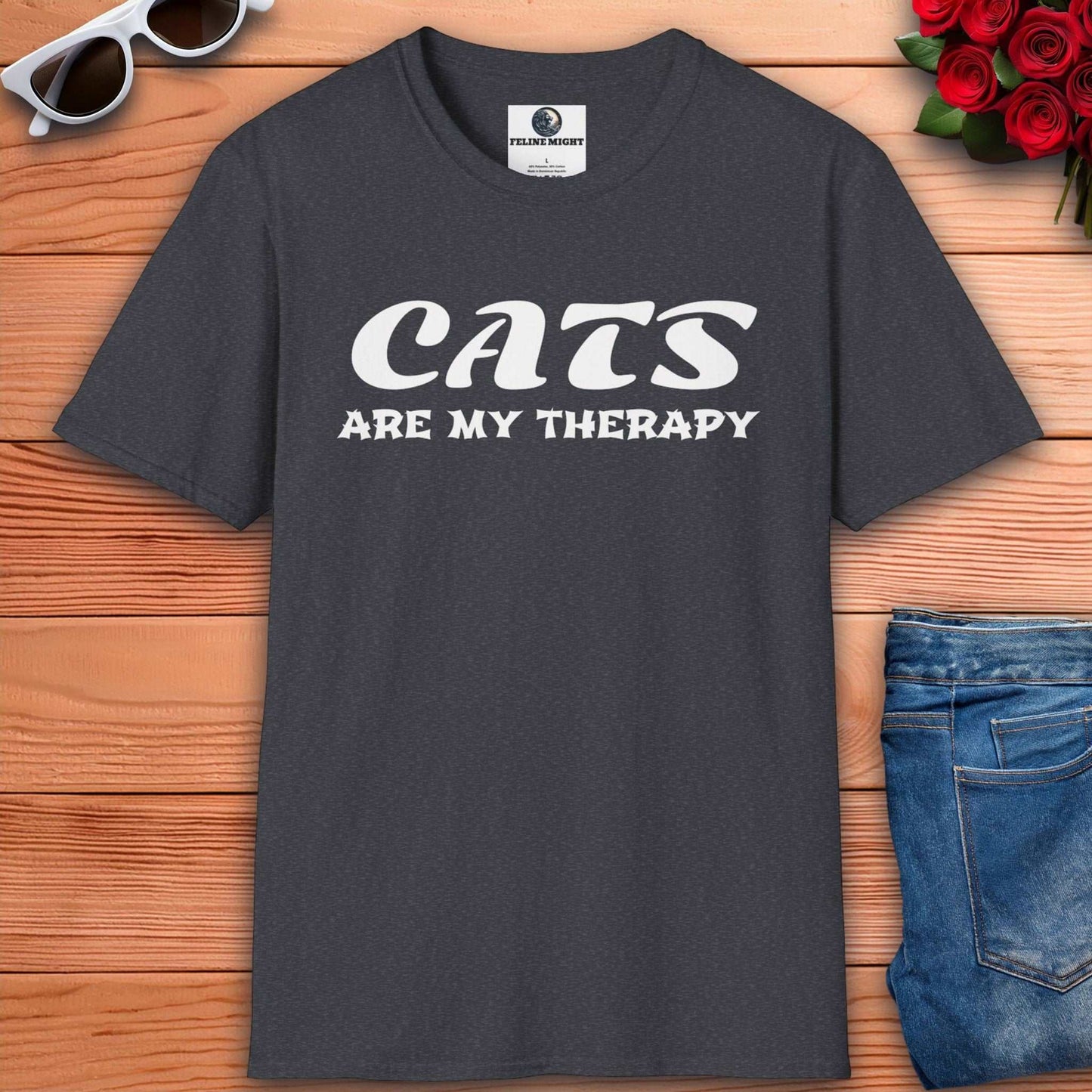 Stylish dark heather grey t-shirt for cat lovers featuring 'Cats Are My Therapy'