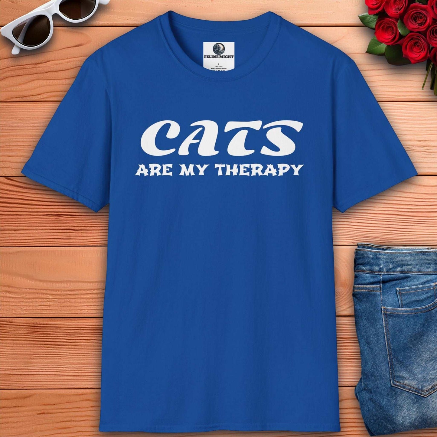 Stylish royal blue t-shirt for cat lovers featuring 'Cats Are My Therapy'