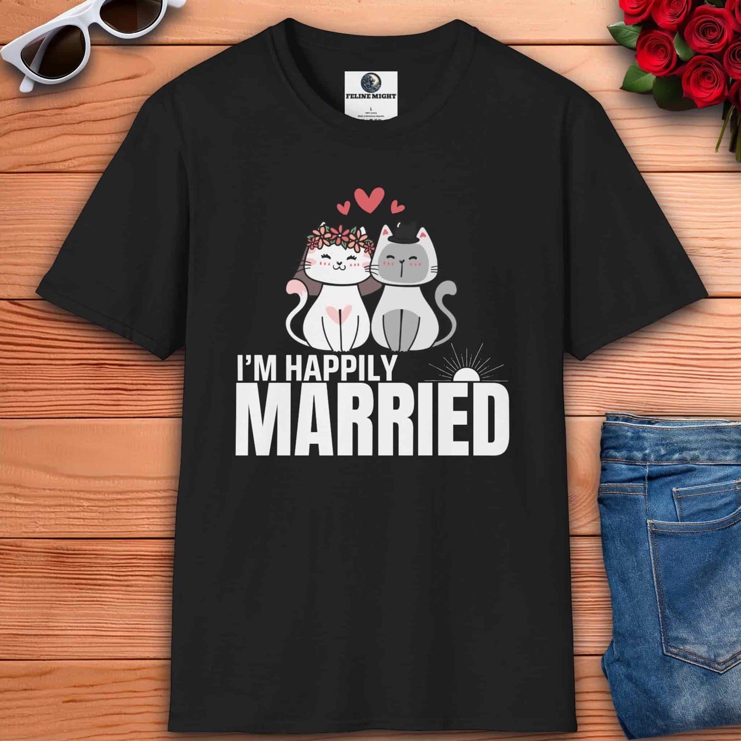 Cute romantic black t-shirt featuring two cartoon cats with the text 'I’M HAPPILY MARRIED'