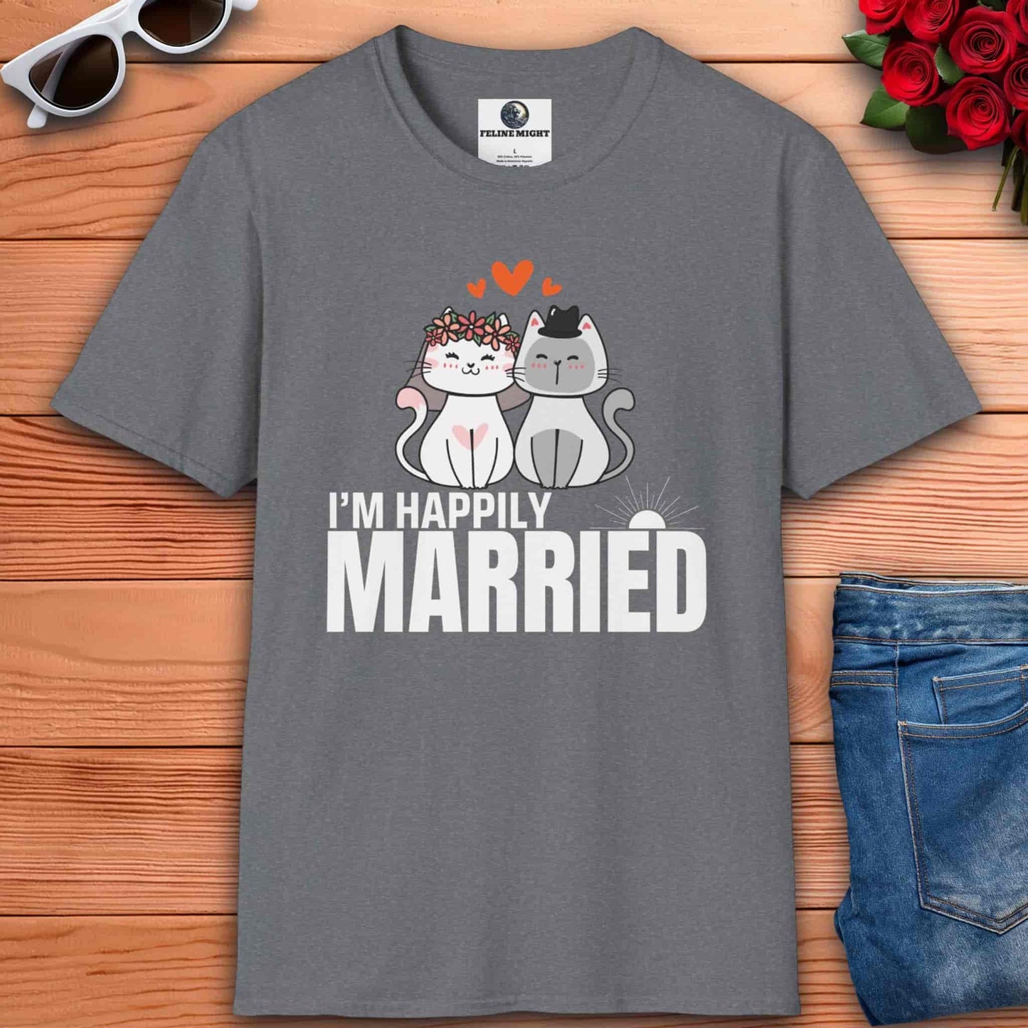 Cute romantic athletic heather grey t-shirt featuring two cartoon cats with the text 'I’M HAPPILY MARRIED'