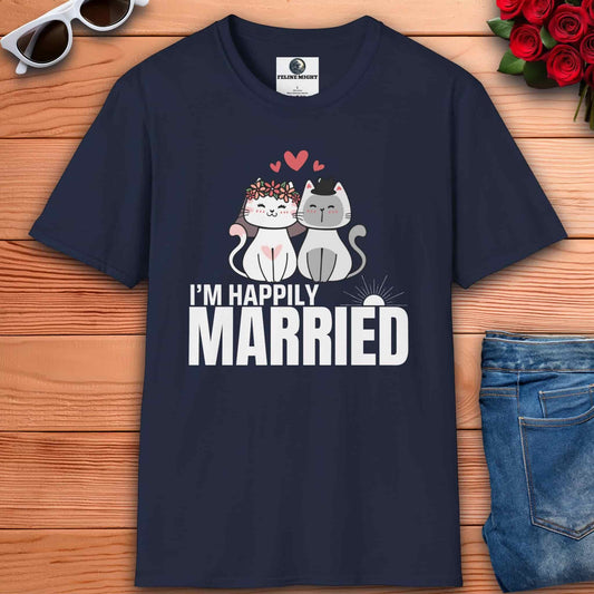 Cute romantic navy blue t-shirt featuring two cartoon cats with the text 'I’M HAPPILY MARRIED'