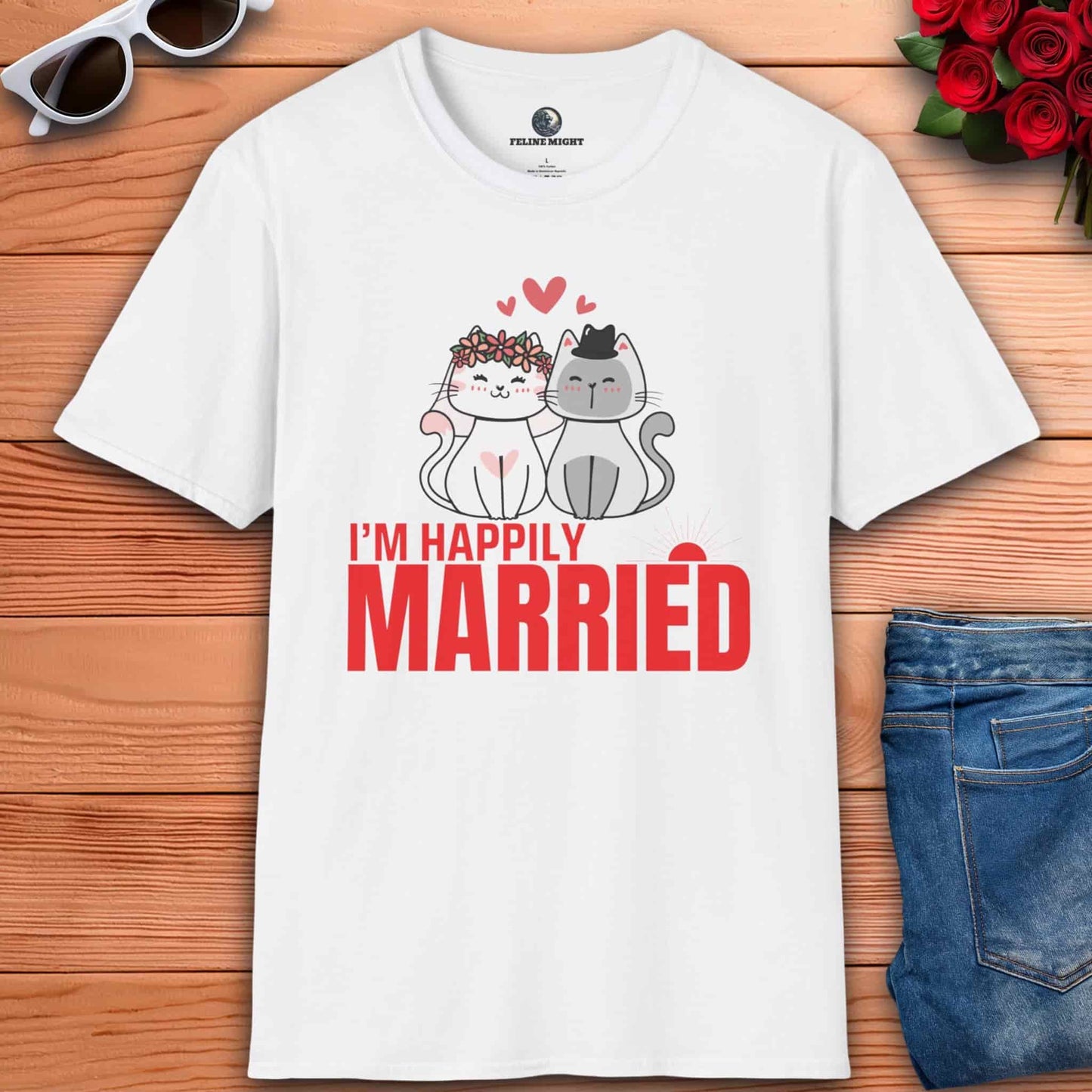 Cute romantic white t-shirt featuring two cartoon cats with the text 'I’M HAPPILY MARRIED'