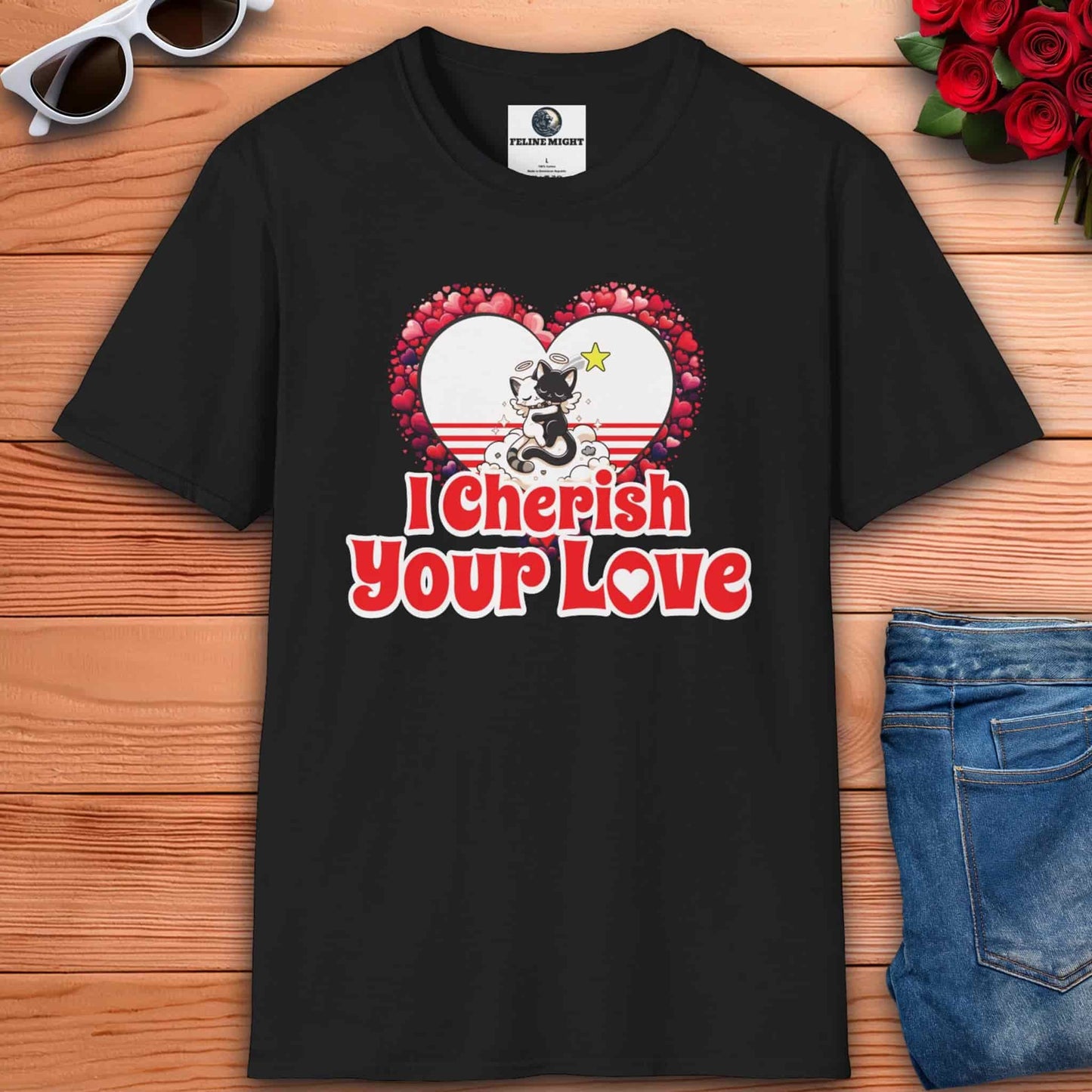 Black t-shirt with 'I Cherish Your Love' graphic and a cute cat design.