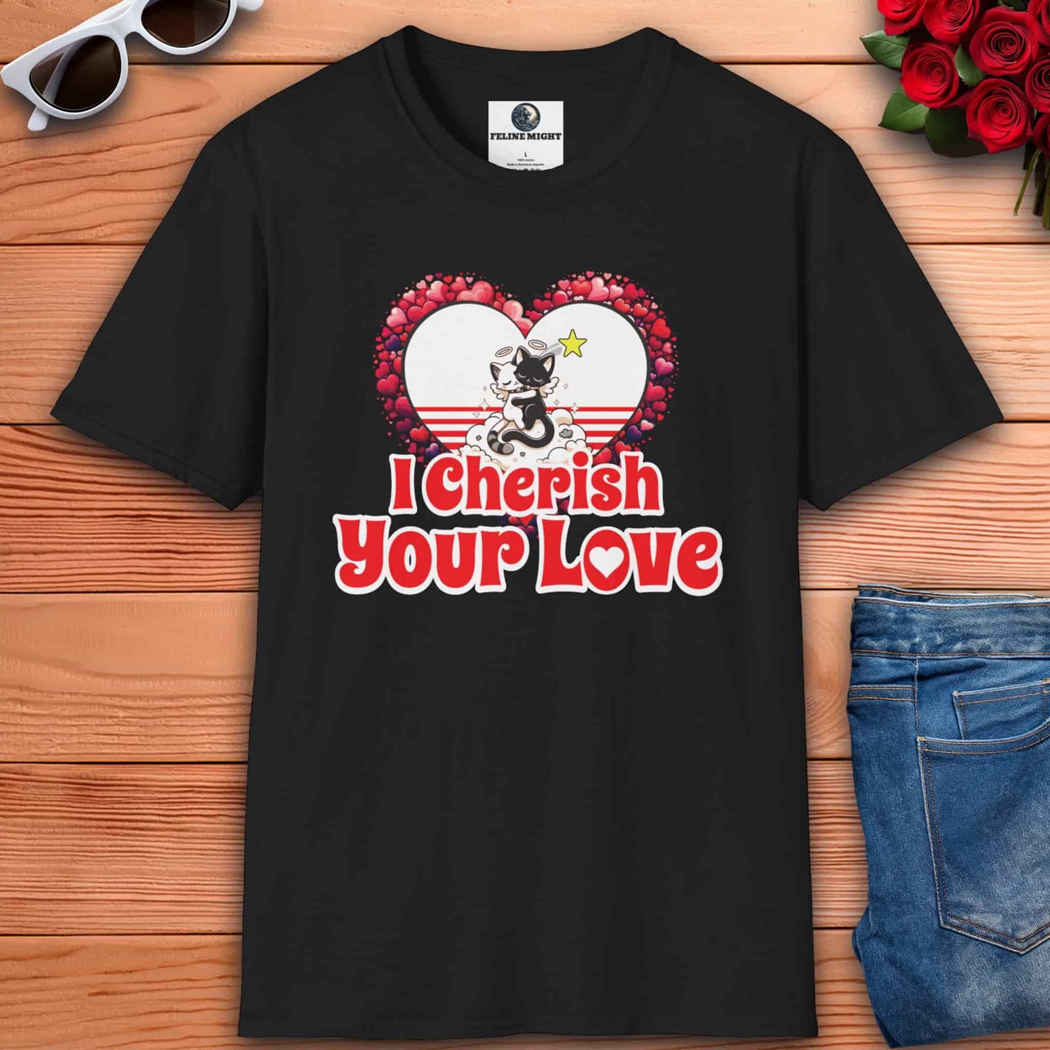 A black I Cherish Your Love Romantic Cat T-Shirt featuring a cute cat graphic and heart design.