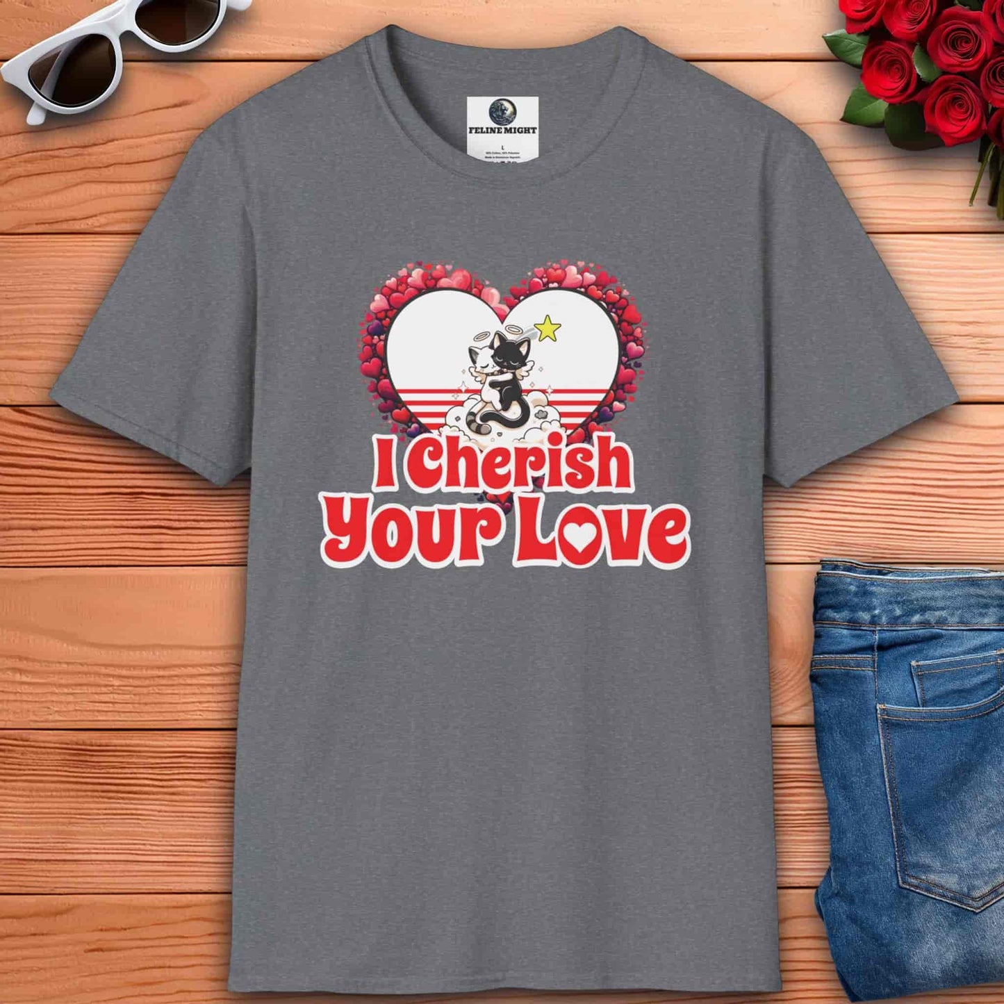 Athletic heather grey t-shirt with 'I Cherish Your Love' graphic and a cute cat design.