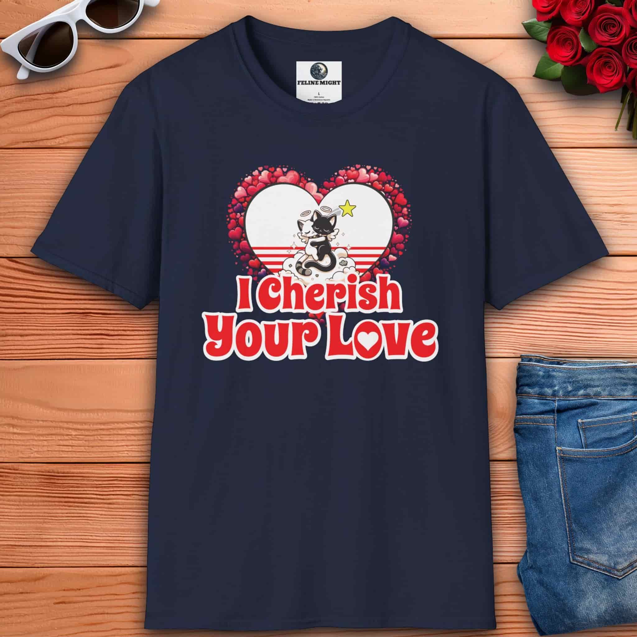 A navy blue I Cherish Your Love Romantic Cat T-Shirt featuring a cute cat graphic and heart design.