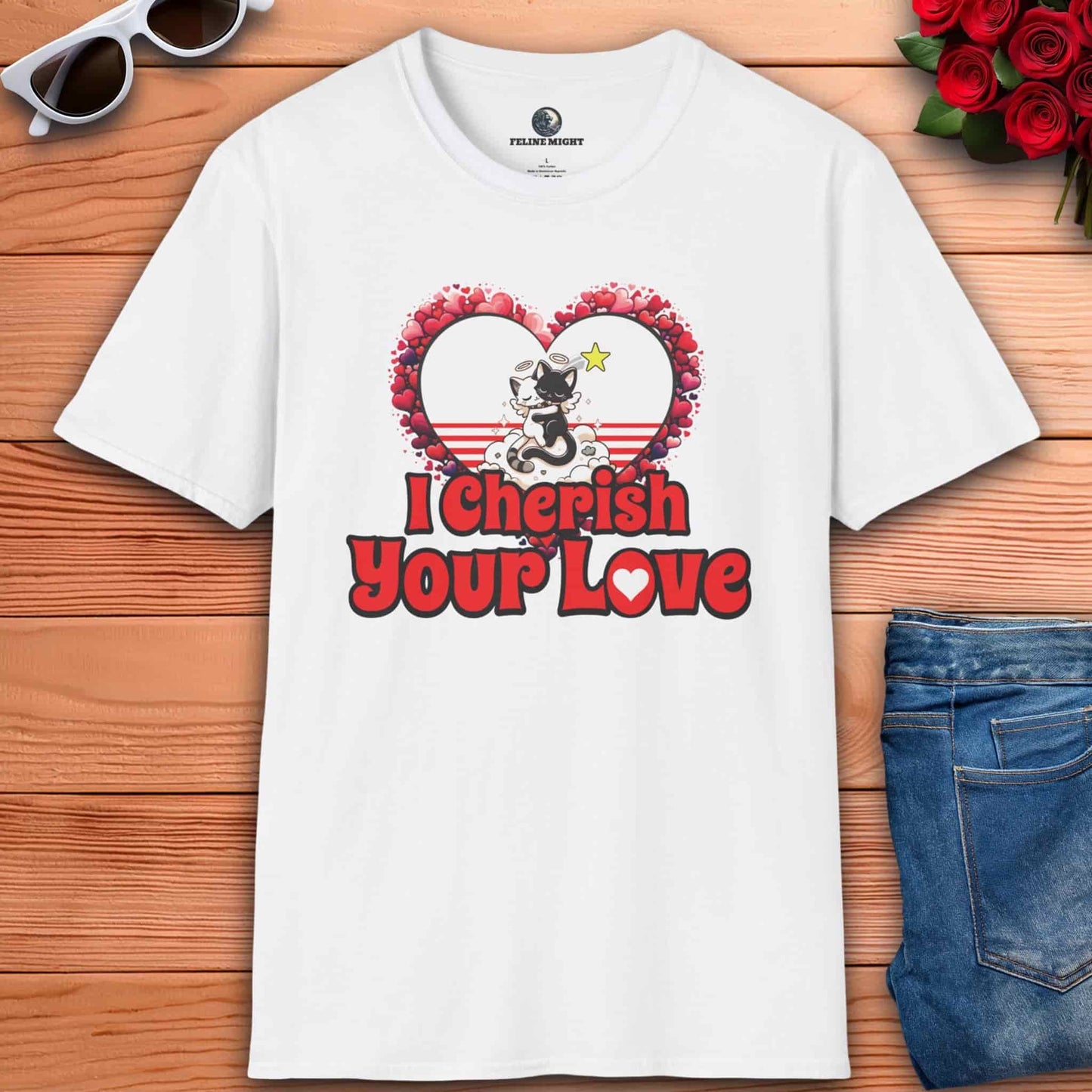 White t-shirt with 'I Cherish Your Love' graphic and a cute cat design.