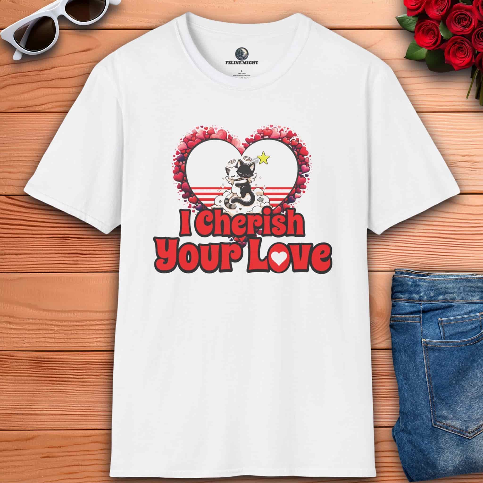 A white I Cherish Your Love Romantic Cat T-Shirt featuring a cute cat graphic and heart design.