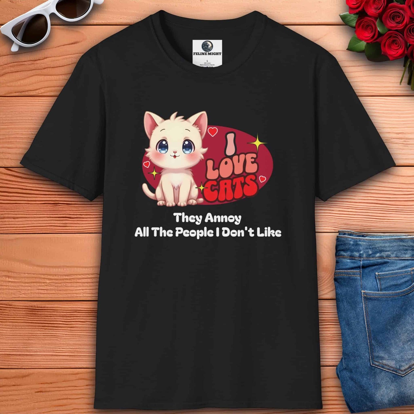 A stylish black t-shirt adorned with the phrase "I Love Cats," reflecting the wearer's passion for their feline companions