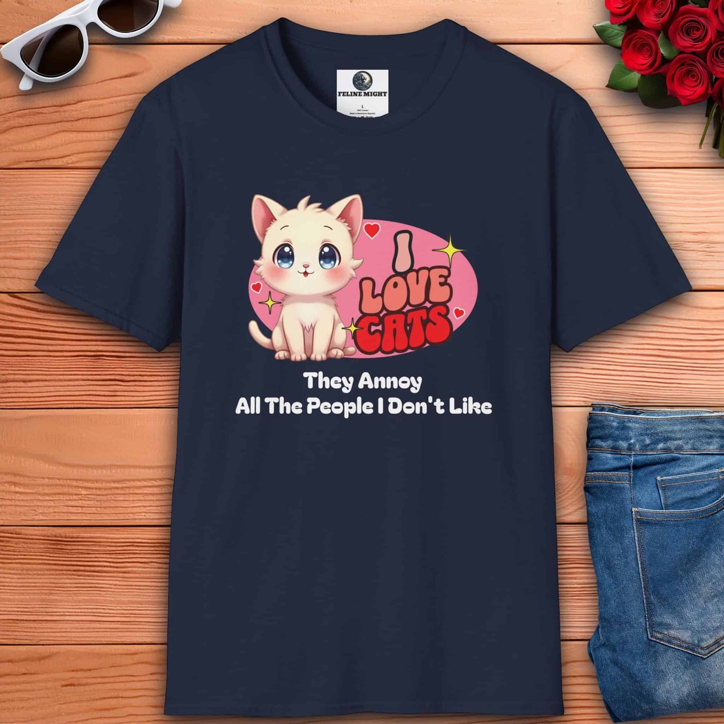 A stylish navy blue t-shirt adorned with the phrase "I Love Cats," reflecting the wearer's passion for their feline companions