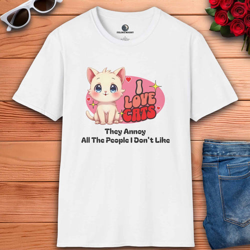 A stylish white Cat Lovers Graphic T-Shirt adorned with the phrase "I Love Cats," reflecting the wearer's passion for their feline companions