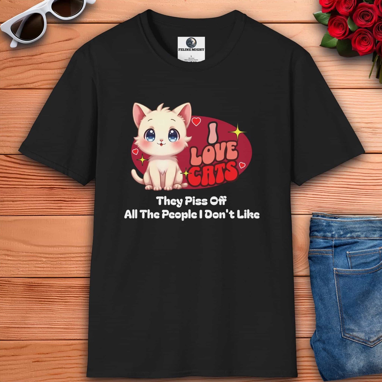 Black t-shirt with 'I Love Cats' graphic and cute cat illustration