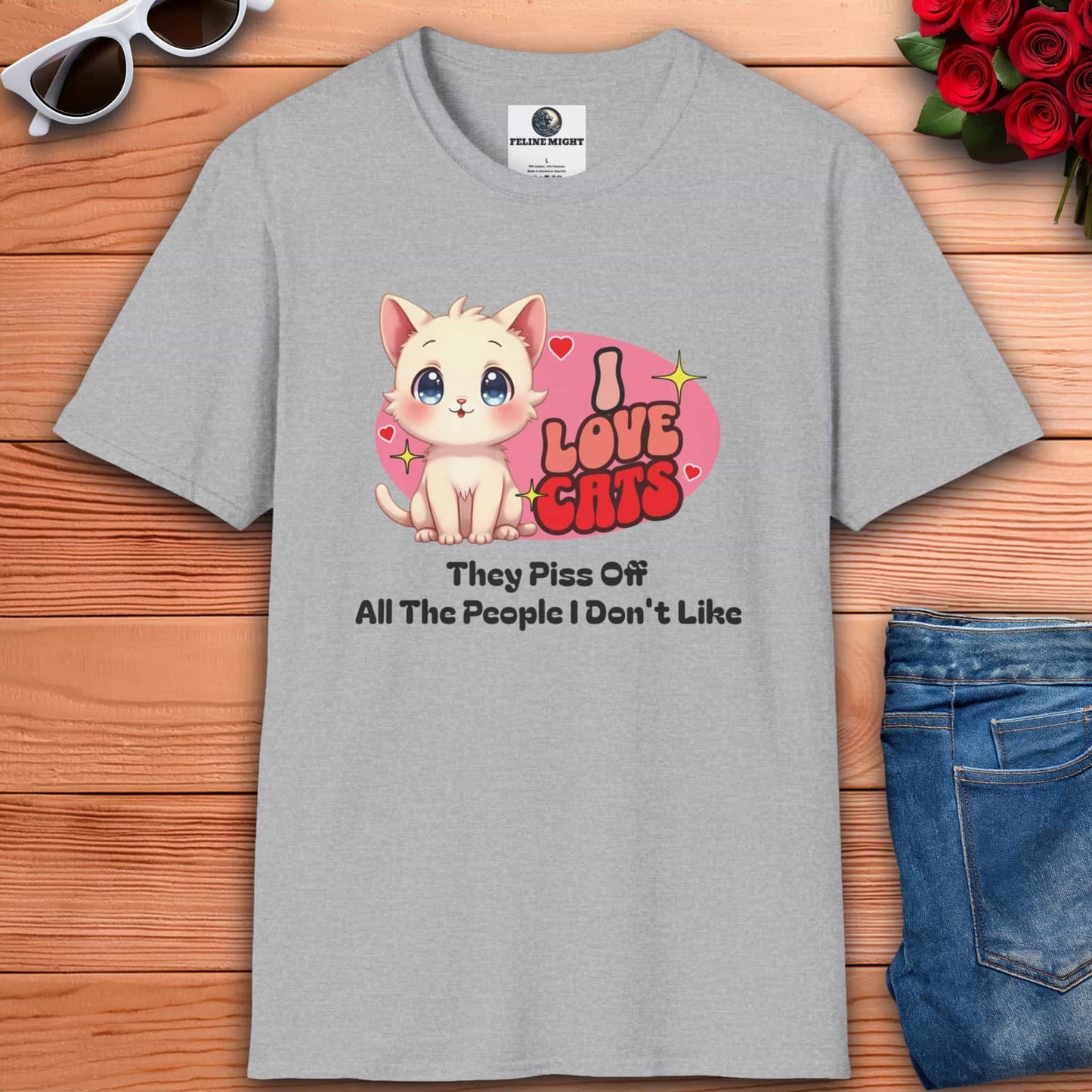 Grey t-shirt with 'I Love Cats' graphic and cute cat illustration