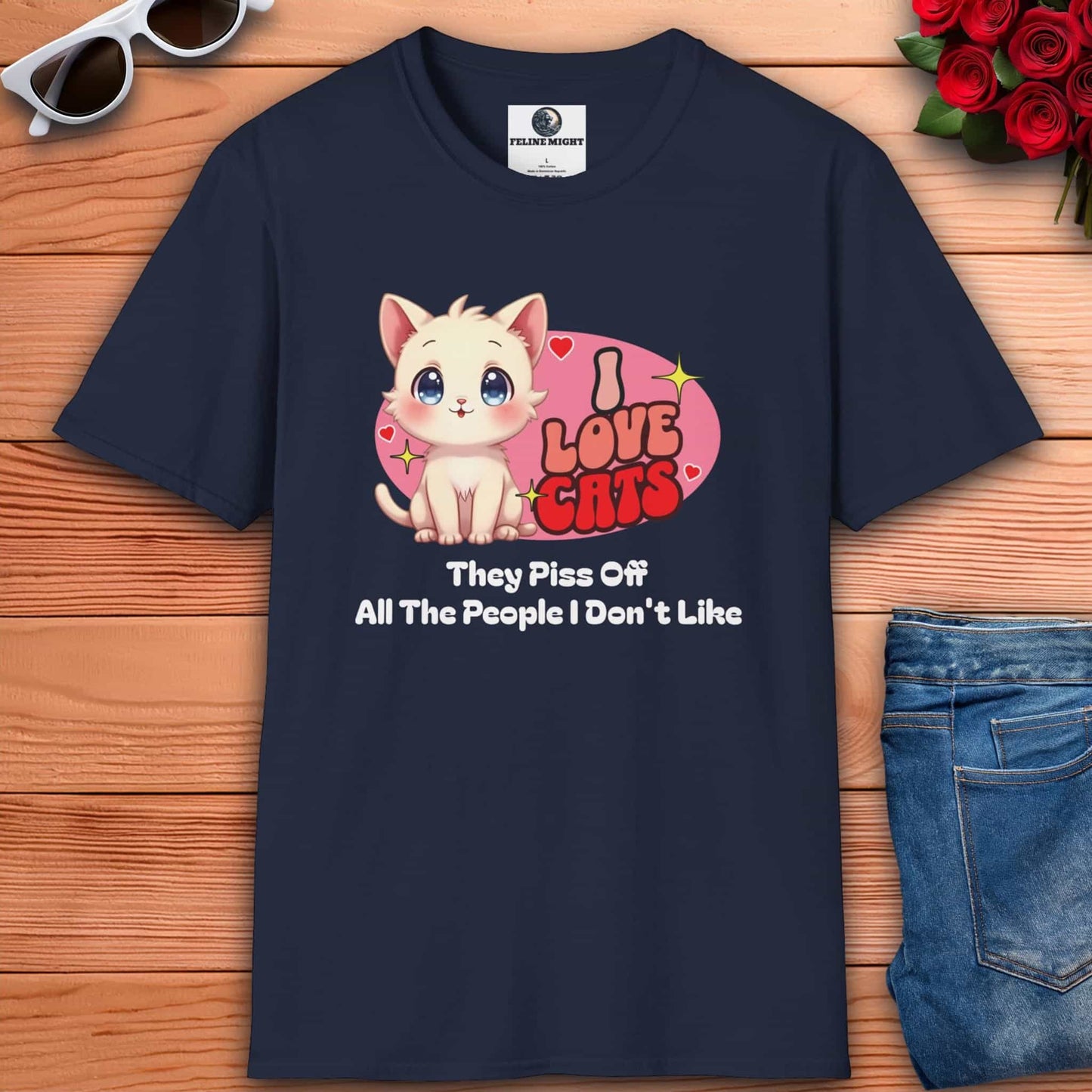 Navy blue t-shirt with 'I Love Cats' graphic and cute cat illustration