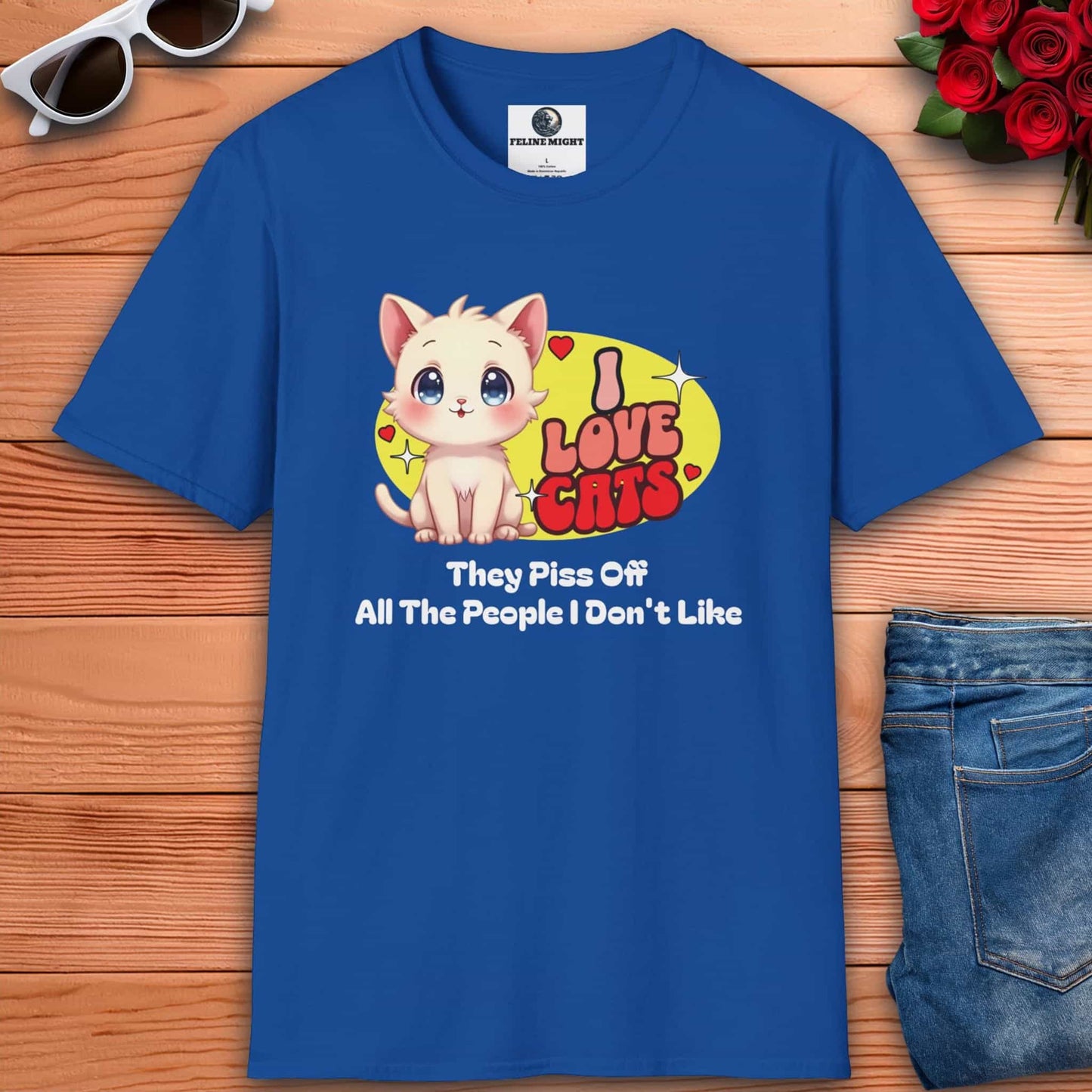 Royal blue t-shirt with 'I Love Cats' graphic and cute cat illustration