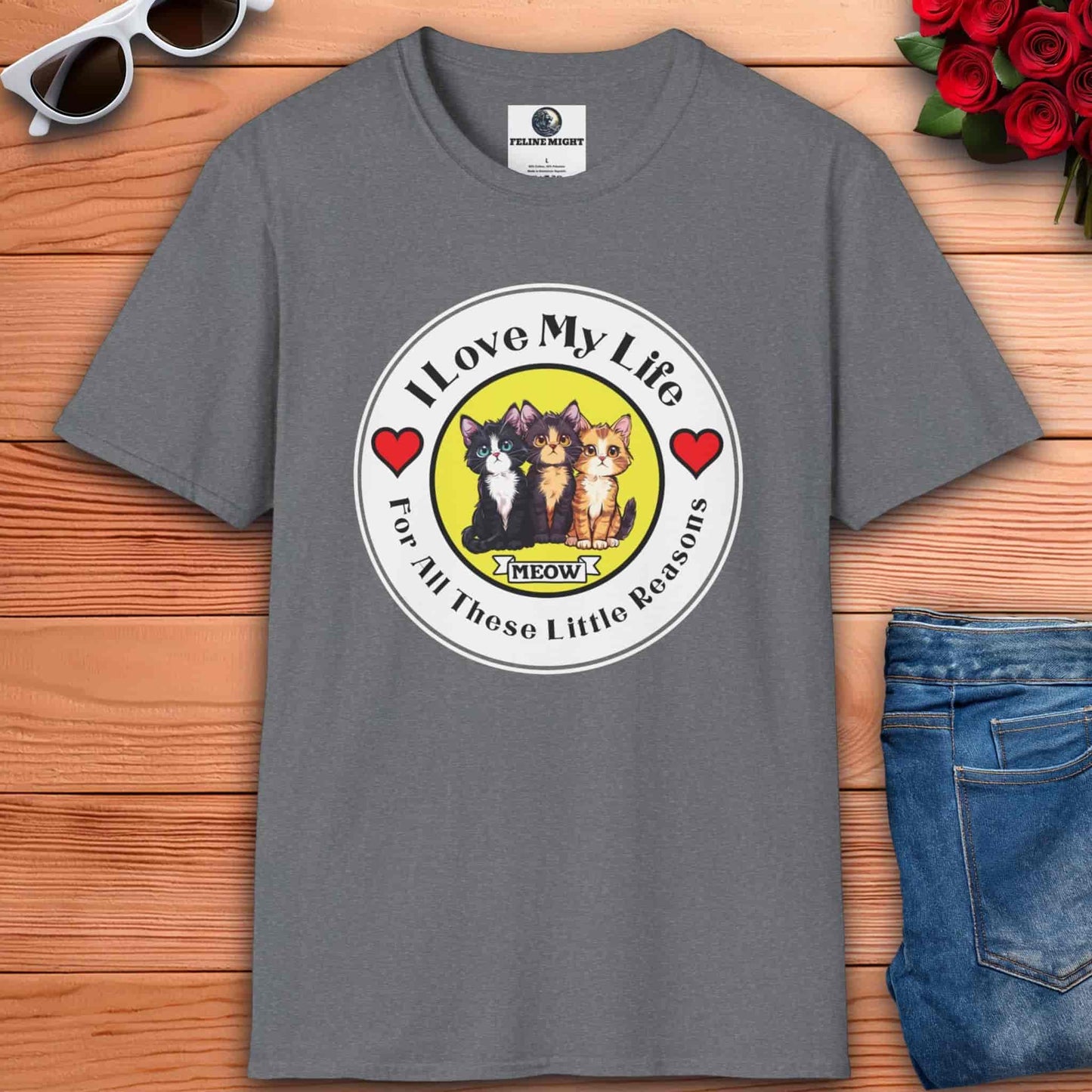 Graphic athletic heather grey t-shirt showcasing three adorable cats with the playful message 'I Love My Life For All These Little Reasons'