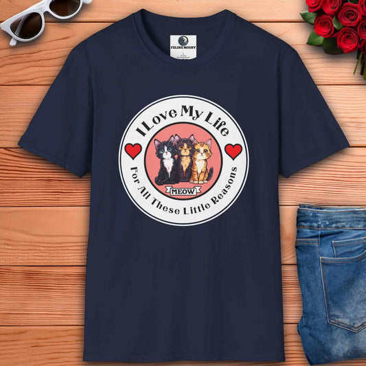 Graphic navy blue t-shirt showcasing three adorable cats with the playful message 'I Love My Life For All These Little Reasons'