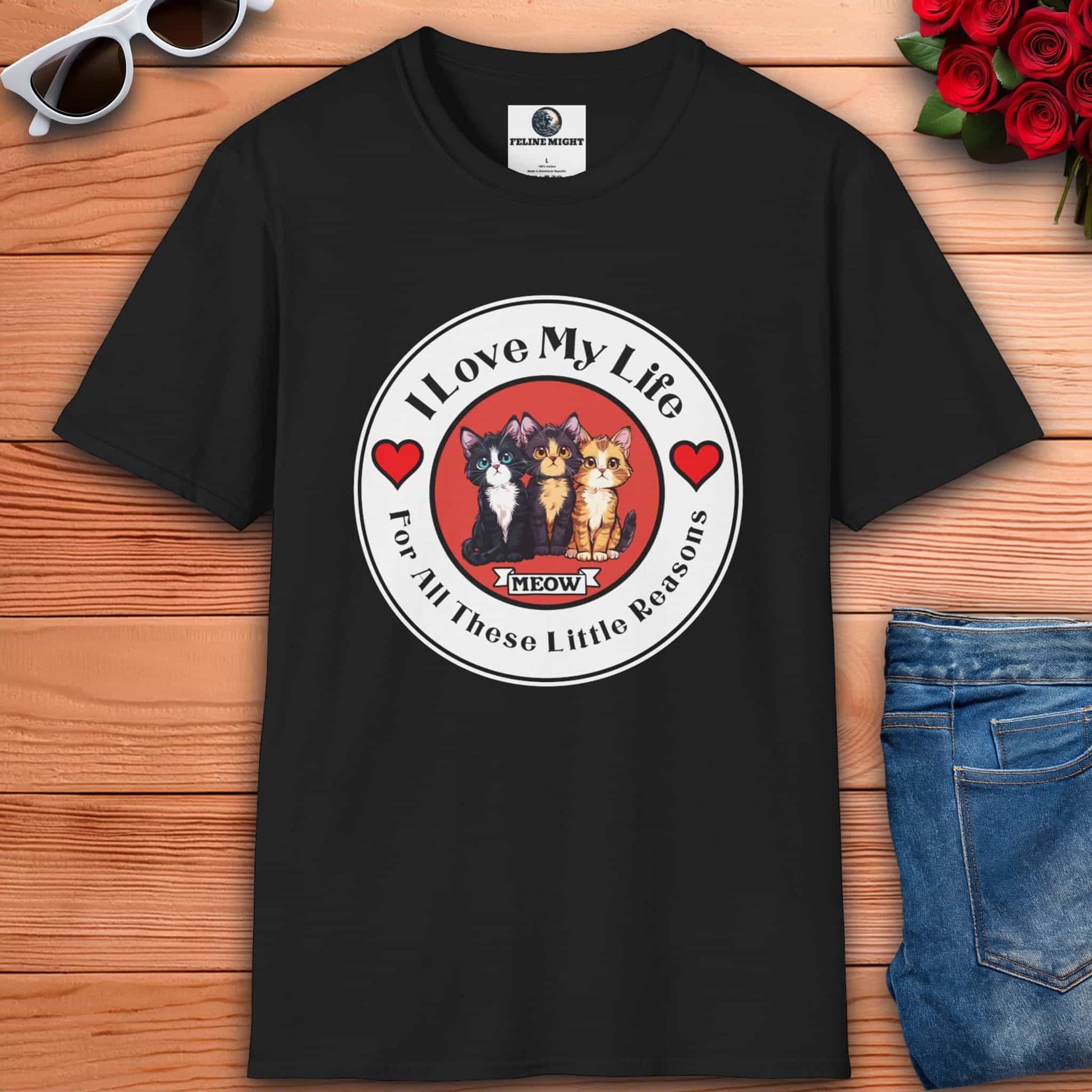 Graphic black t-shirt showcasing three adorable cats with the playful message 'I Love My Life For All These Little Reasons'