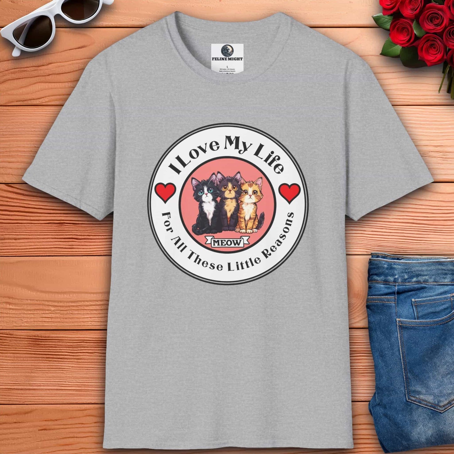 Graphic grey t-shirt showcasing three adorable cats with the playful message 'I Love My Life For All These Little Reasons'