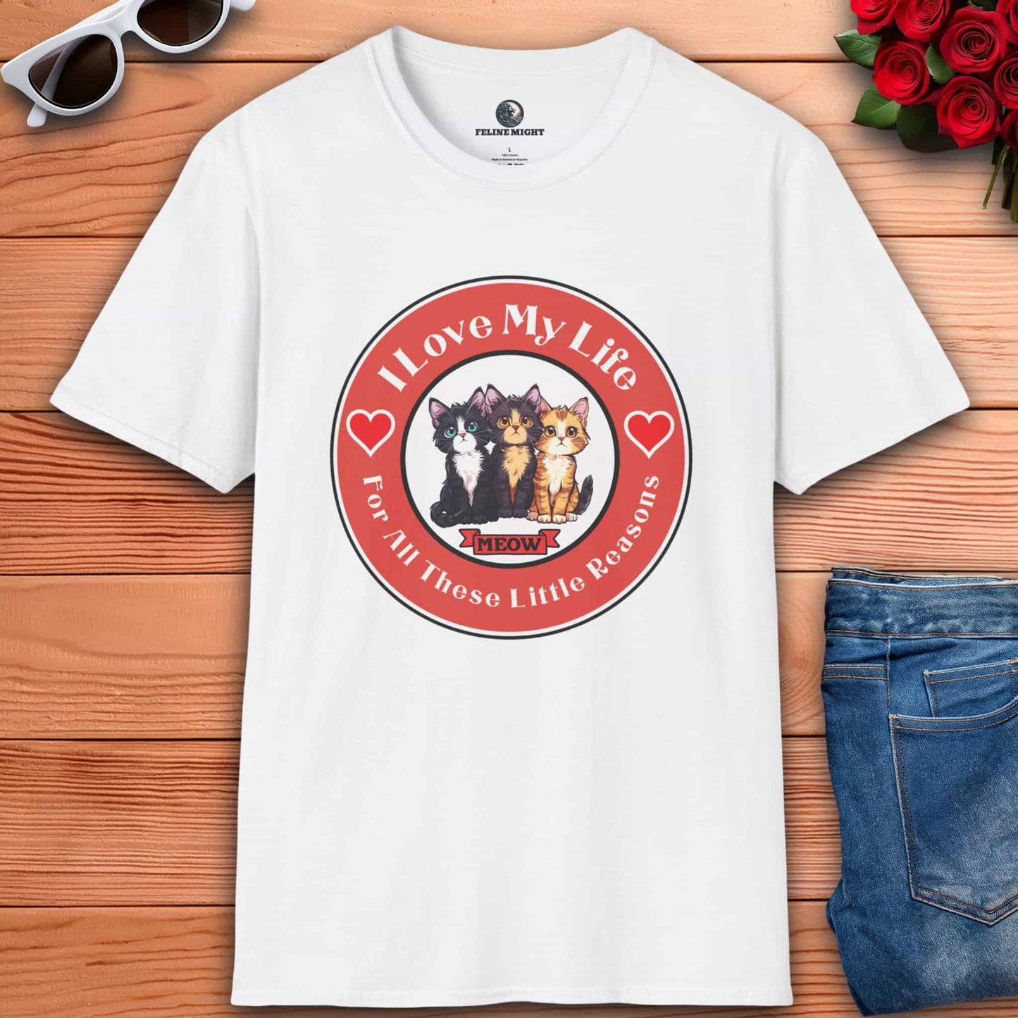 Graphic white t-shirt showcasing three adorable cats with the playful message 'I Love My Life For All These Little Reasons'