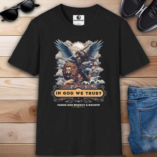 Black t-shirt featuring a lion and a winged warrior with the text 'In God We Trust'