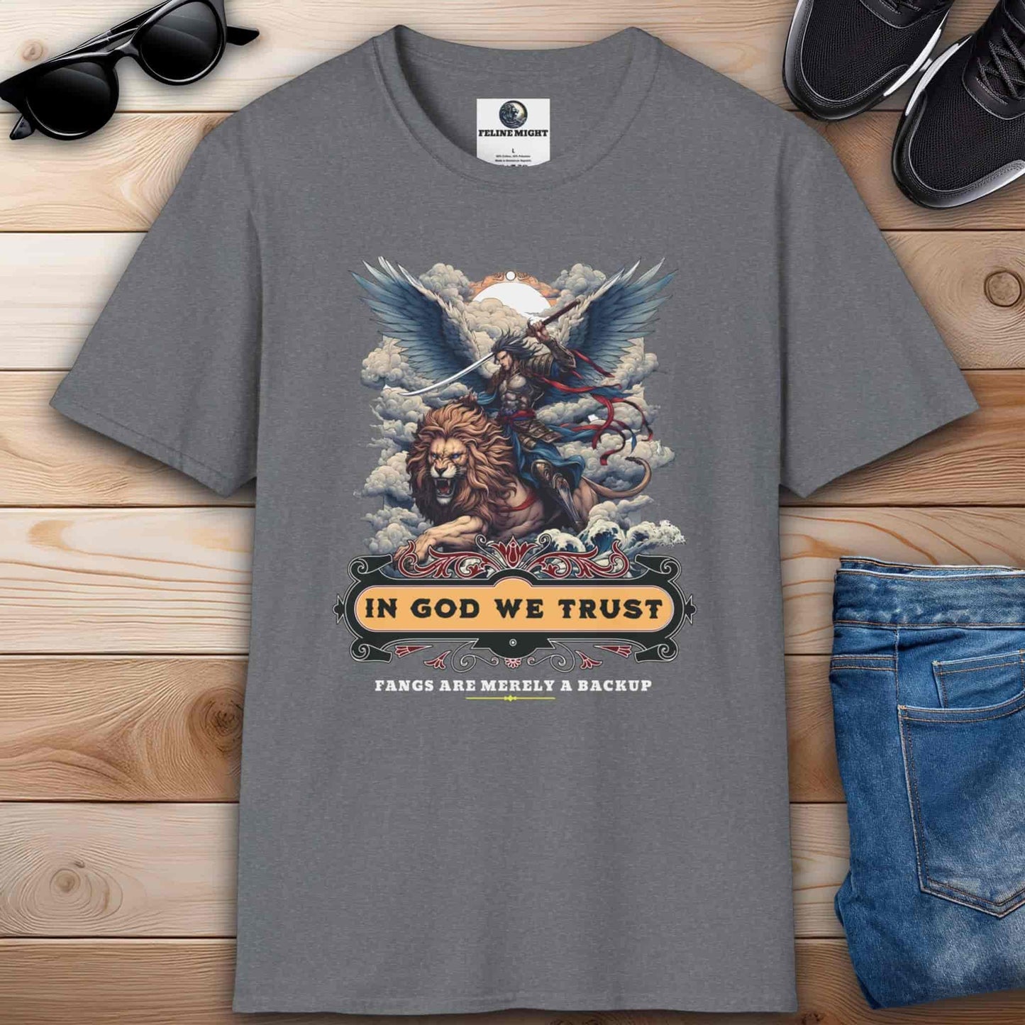 Athletic heather grey t-shirt featuring a lion and a winged warrior with the text 'In God We Trust'