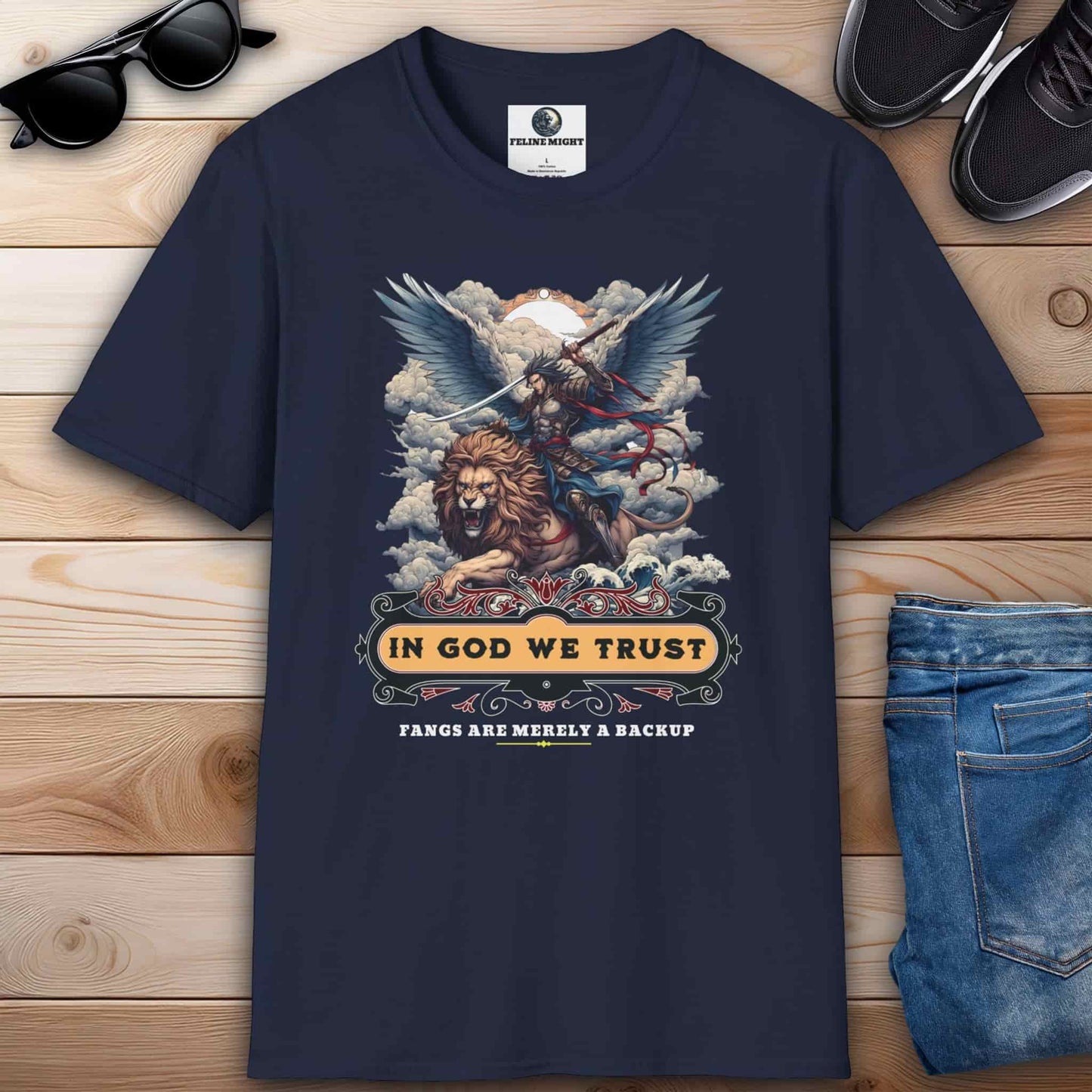 Navy blue t-shirt featuring a lion and a winged warrior with the text 'In God We Trust'