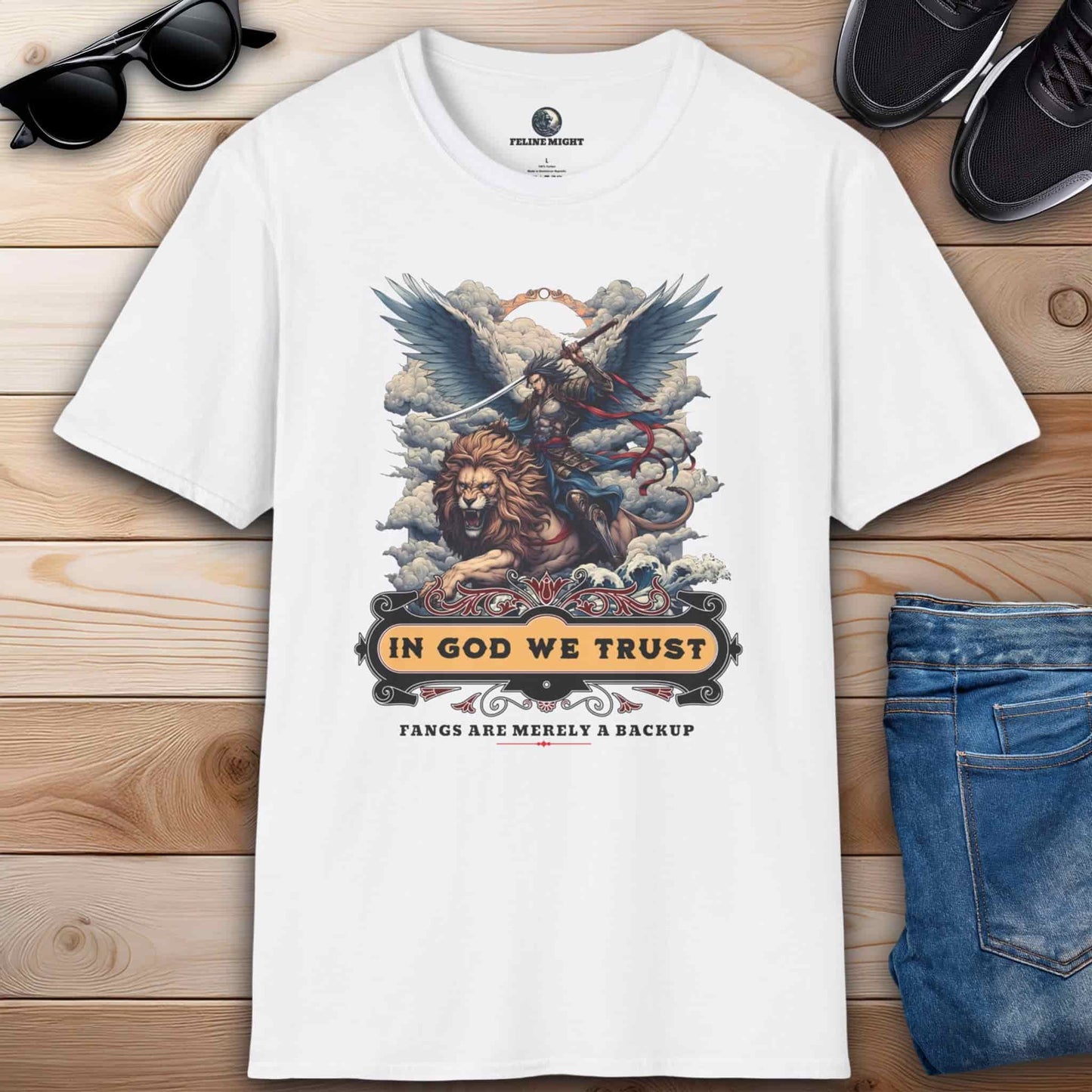 White t-shirt featuring a lion and a winged warrior with the text 'In God We Trust'