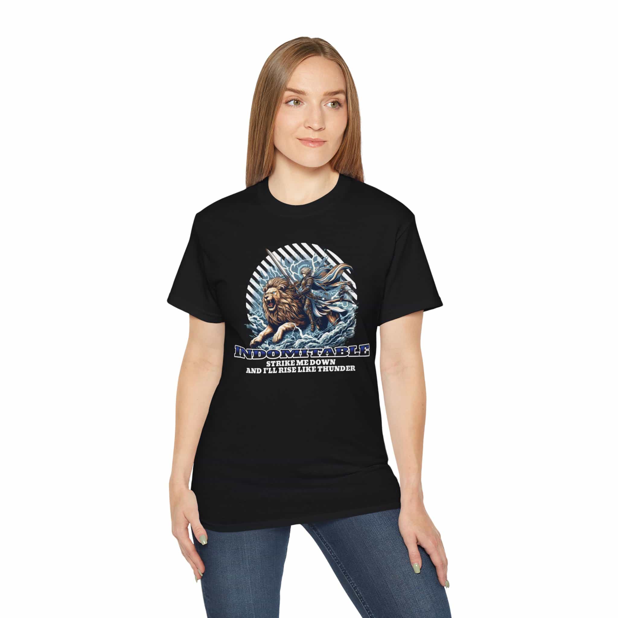 A woman wearing a black "Indomitable Rise Like Thunder" Lion T-Shirt featuring a lion and warrior graphic with motivational quote.