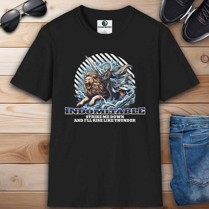 A black Indomitable Warrior Lion T-Shirt featuring a lion, a warrior, and the quote "Strike me down, and I'll rise like thunder" on a premium tee.