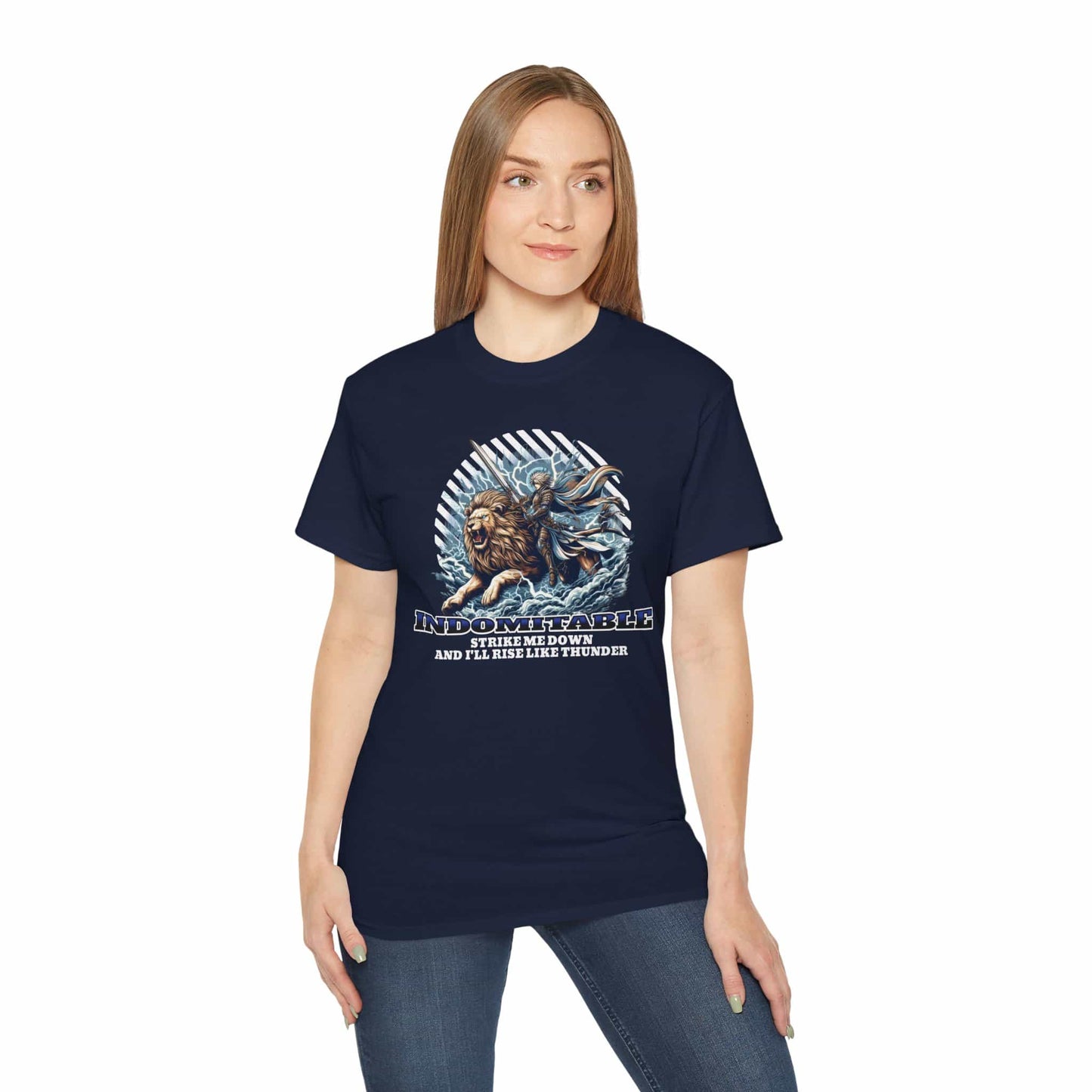 A woman wearing a navy blue Indomitable Warrior Lion T-Shirt featuring a lion and warrior graphic with motivational quote.