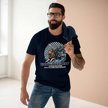 A man wearing a navy blue Indomitable Warrior Lion T-Shirt featuring a lion and warrior graphic with motivational quote.