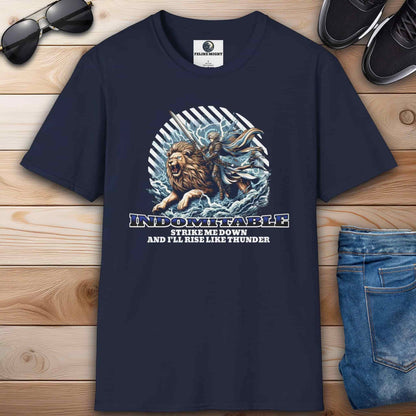 A navy blue Indomitable Warrior Lion T-Shirt featuring a lion, a warrior, and the quote "Strike me down, and I'll rise like thunder" on a premium tee.