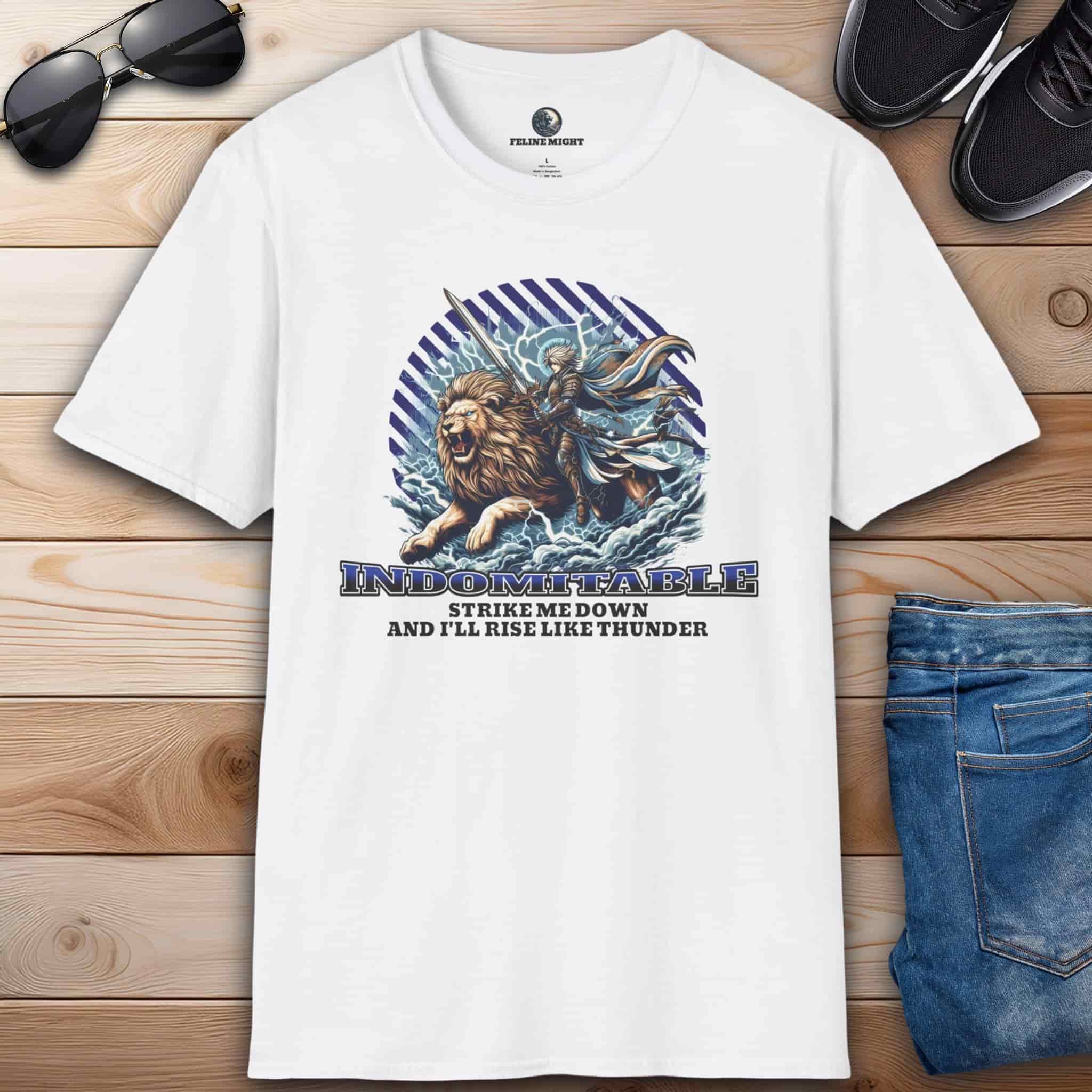 A white "Indomitable Rise Like Thunder" Lion T-Shirt featuring a lion, a warrior, and the quote "Strike me down, and I'll rise like thunder" on a premium tee.