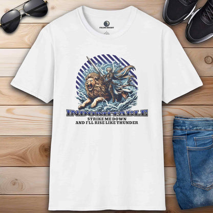A white Indomitable Warrior Lion T-Shirt featuring a lion, a warrior, and the quote "Strike me down, and I'll rise like thunder" on a premium tee.