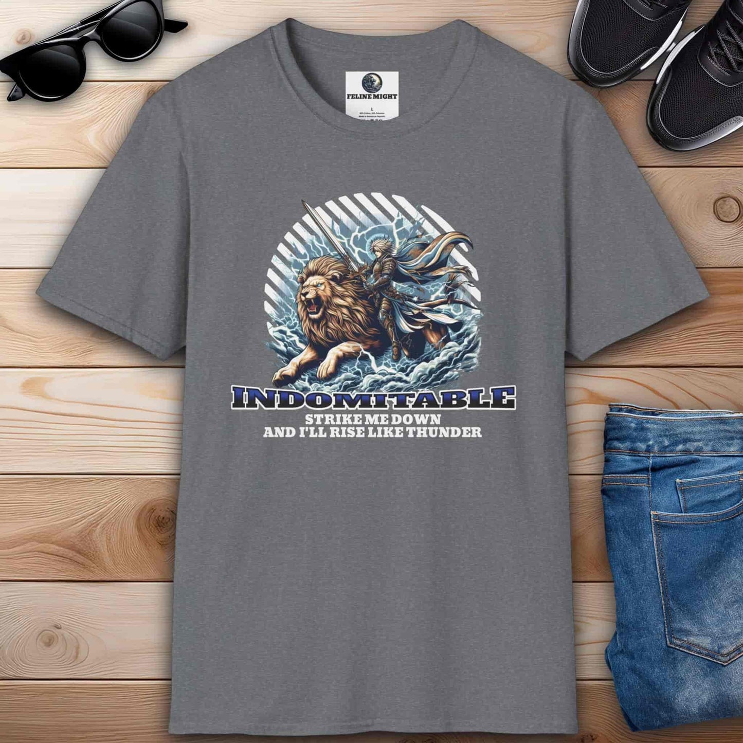 Athletic heather grey t-shirt featuring a lion and a warrior with the text 'Indomitable: Strike me down and I'll rise like thunder.'