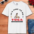 A white Cat Yoga Heart & Soul T-Shirt featuring playful cat graphics and yoga text on a white tee, perfect for yoga lovers.